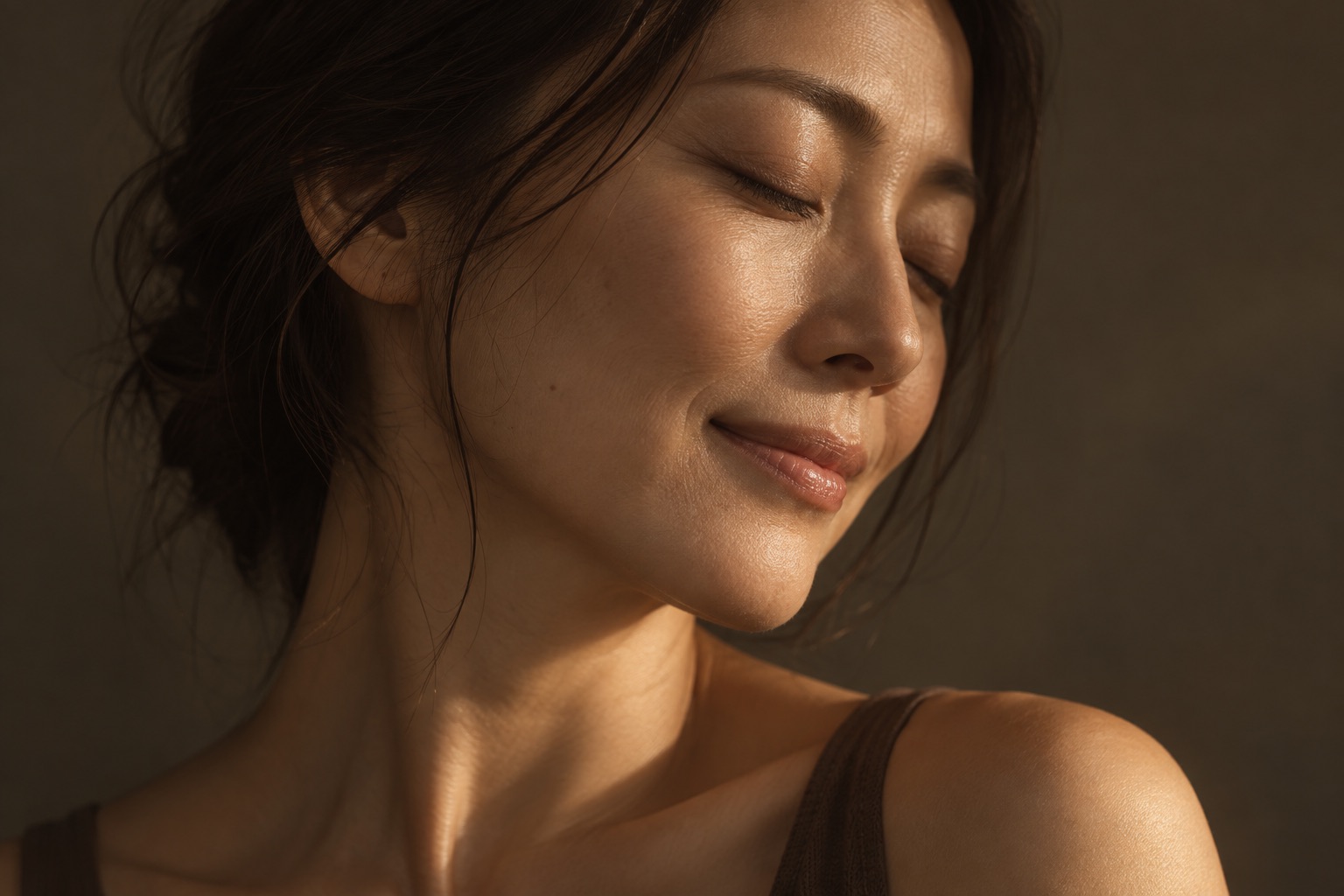 目を閉じて穏やかに微笑む女性。心の余白を表すイメージ